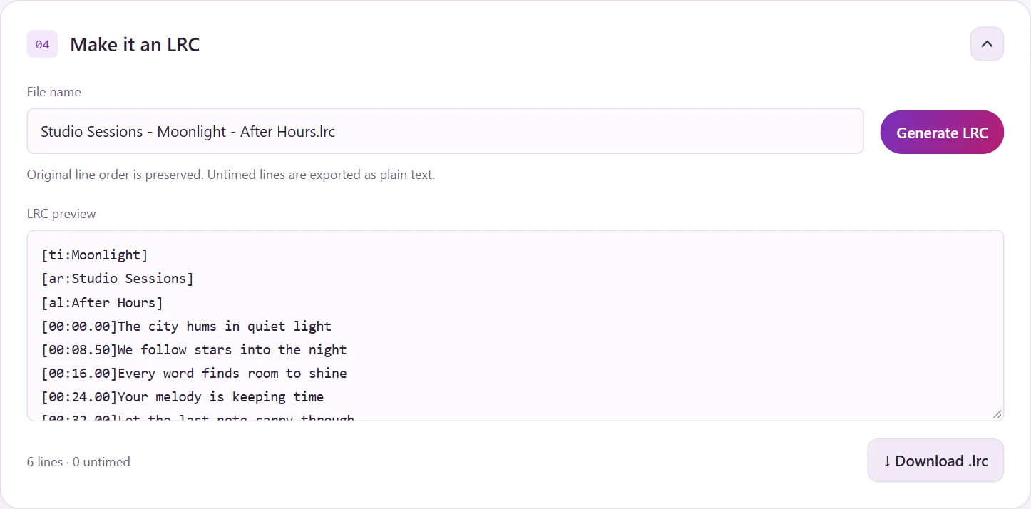 Screenshot showing generated LRC text, the file name, and the download button.