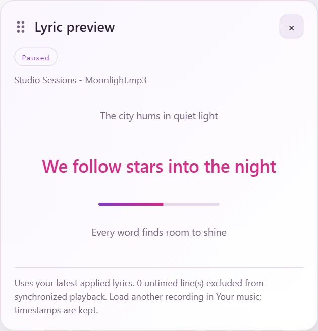 Screenshot of the floating preview with the current, previous, and next lyrics.