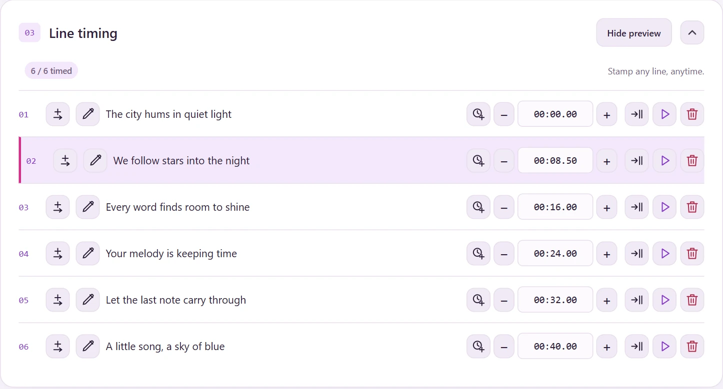 Screenshot of the lyric timing editor with example lines and timestamps.